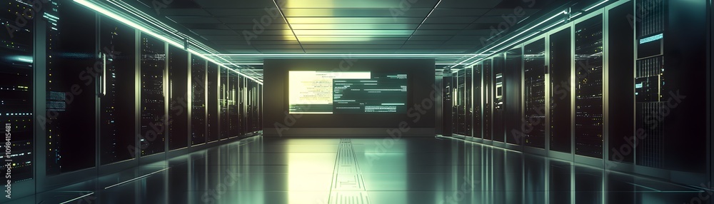 Poster modern data center server room corridor displaying code