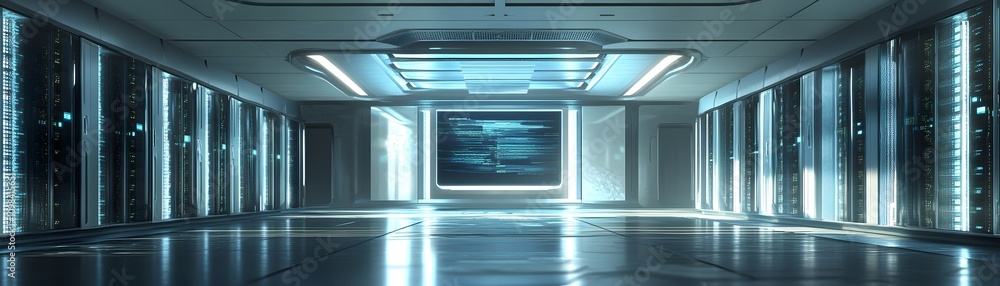 Poster futuristic server room corridor with data display