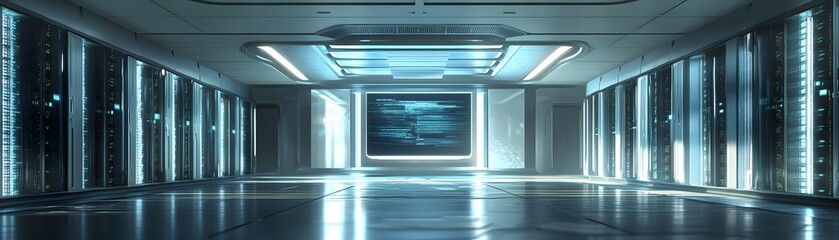 Futuristic Server Room Corridor With Data Display