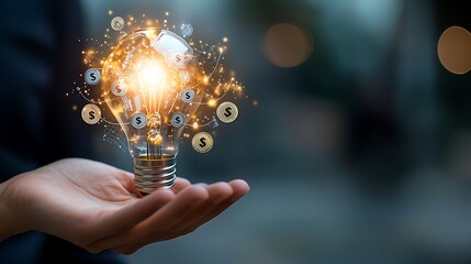 A businessman's hand is seen holding a glowing light bulb, with various financial symbols swirling inside such as dollar signs, coins, and graphs