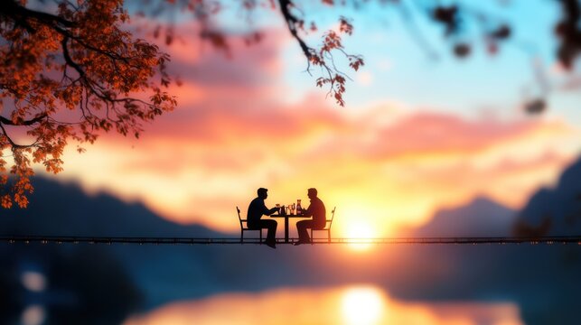 A silhouette of a couple dining on a suspended rope bridge, set against a vibrant sunset, invoking a sense of adventure, romance, and breathtaking beauty.