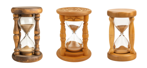 Set of wooden hourglass isolated on a white or transparent background, Cut out PNG