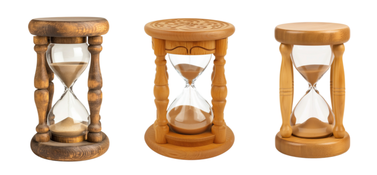 Set of wooden hourglass isolated on a white or transparent background, Cut out PNG