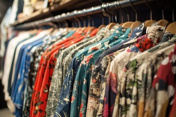 Obraz premium Colorful collection of Hawaiian shirts displayed in a retail store with a focus on summer fashion trends