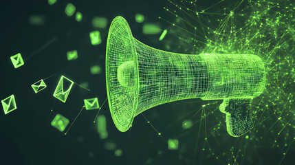 Email Marketing Visualization with Digital Megaphone and Floating Envelopes &ndash; Ideal for Tech and Business Campaigns, Green Marketing 