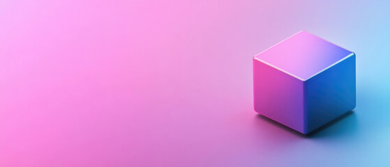 Fototapeta premium The image shows a minimalist 3D cube with a gradient color transition from pink to blue, floating against a matching background with soft lighting and shadow effects. Generative AI.
