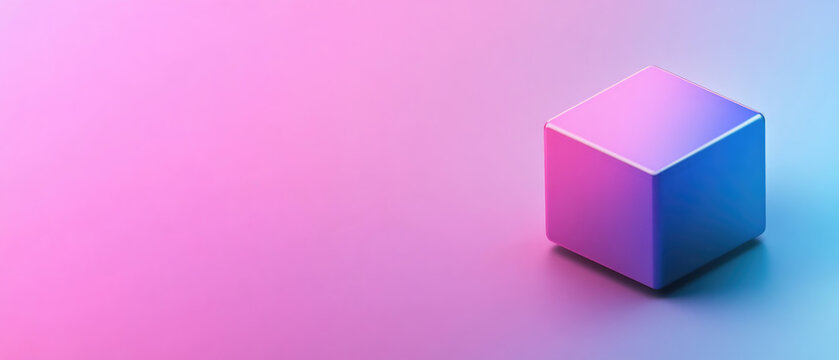 The image shows a minimalist 3D cube with a gradient color transition from pink to blue, floating against a matching background with soft lighting and shadow effects. Generative AI.