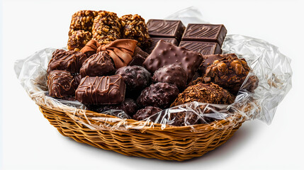 A holiday gift basket filled with chocolates, wine, and traditional Christmas sweets, wrapped in shiny cellophane and tied with a festive bow. 
