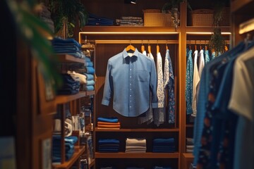 Naklejka premium Stylish display of neatly arranged shirts and folded clothes in a boutique store at evening time