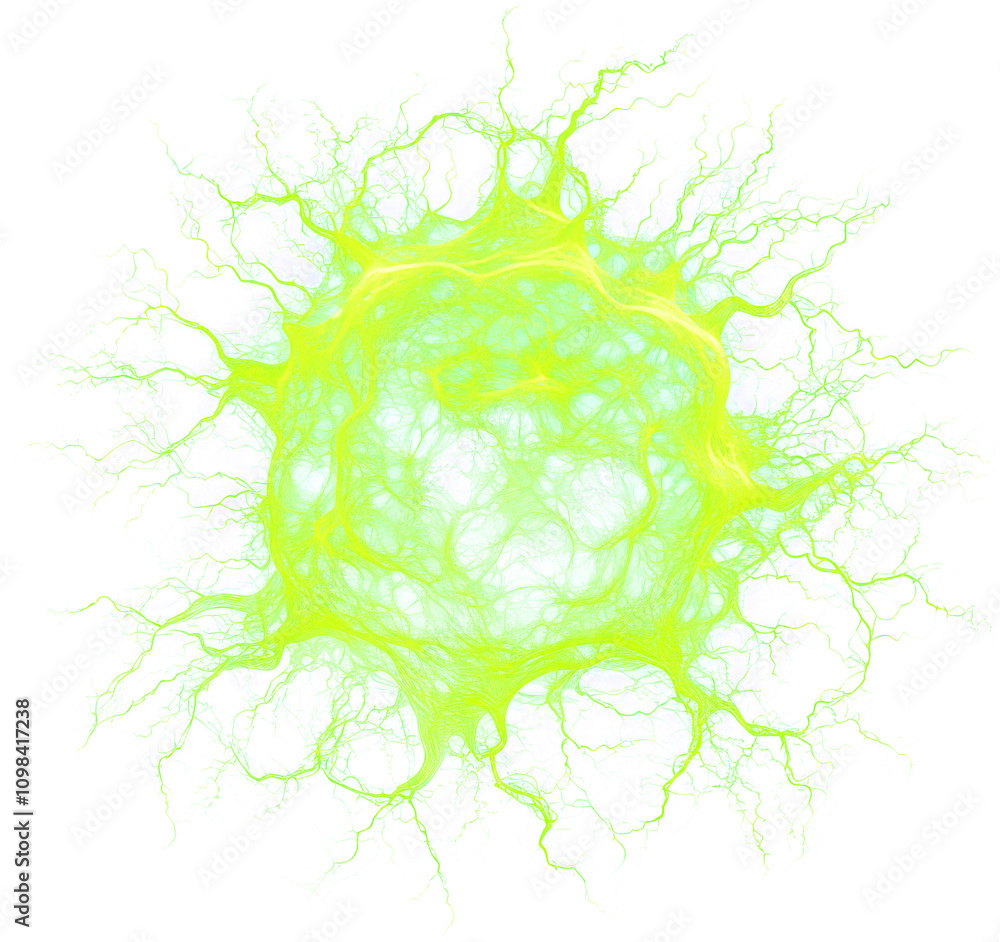 Poster a vibrant green representation of a cell-like structure with radiating lines, resembling an abstract