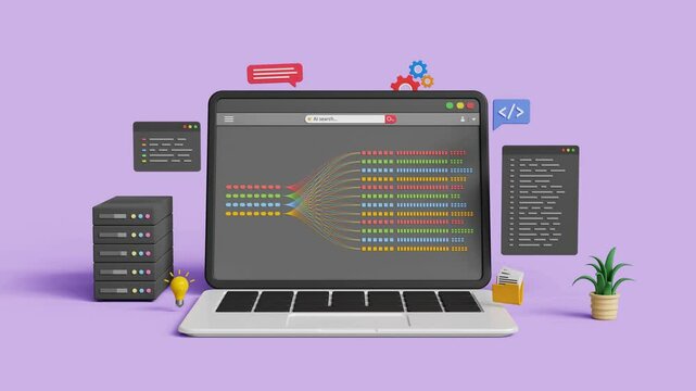 Big data AI technology. Artificial intelligence, business analytics. Data mining, visualizing complex data, future data prediction, data science. 3D laptop analyzing big data sets. 4K 3D animation