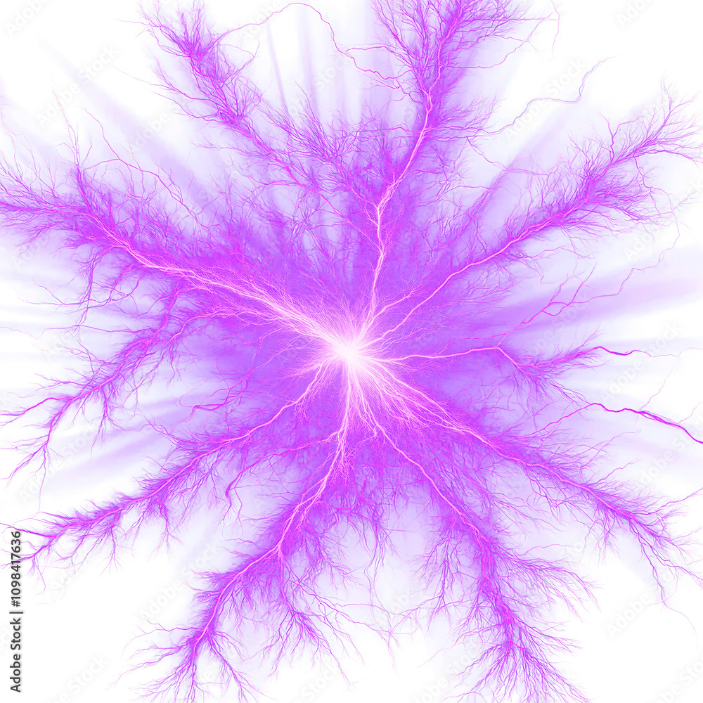Poster a vibrant purple lightning bolt radiating from a central point, showcasing intricate branching patte