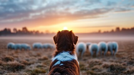 A devoted sheepdog stands attentively, watching over a herd of sheep in the early morning light, embodying responsibility, focus, and tranquility.
