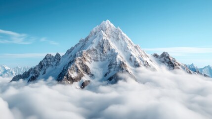 A solitudinous snowy mountain peak majestically rises above a sea of billowing clouds, showcasing a striking, serene landscape of natural beauty and grandeur.