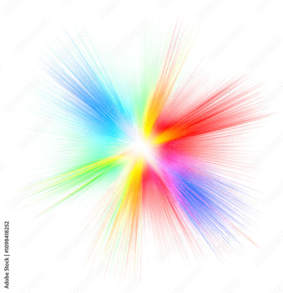 Poster a vibrant burst of multicolored light radiating outward, creating a dynamic and energetic visual eff