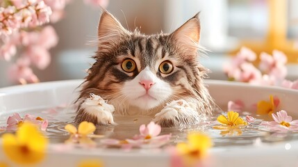 Cute fluffy cat enjoying a relaxing bubble bath surrounded by vibrant flowers in a serene, pastel-colored indoor setting, capturing tranquility and joy in pet care.