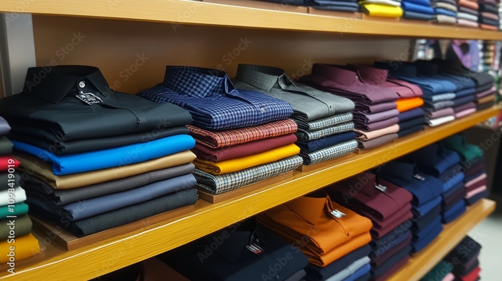 Poster neatly arranged shirts on display in a clothing store showcasing various colors and patterns for sho