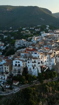The village and port of Sperlonga, a tourist resort in Lazio. Italy.
Aerial view of the village perched on the hill overlooking the sea.