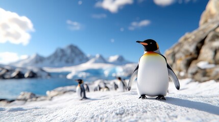 Obraz premium An impressive emperor penguin confidently perches on a snowy surface, as the brilliant sun casts light on distant icy mountains creating a captivating scene.