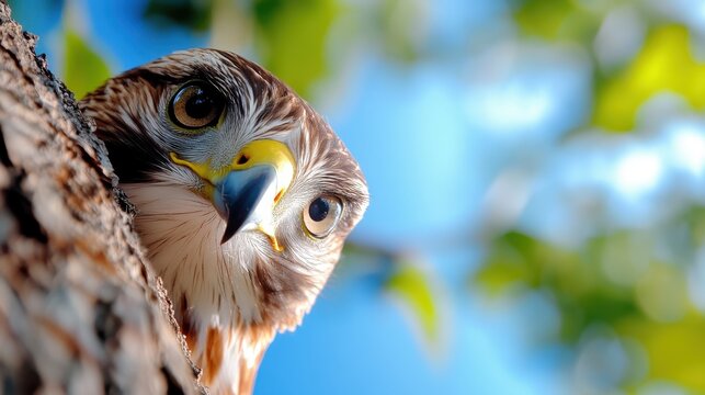 A curious hawk peeks around the trunk of a tree, its sharp eyes and colorful beak highlighted against the bright blue sky and blurred green foliage in the background.
