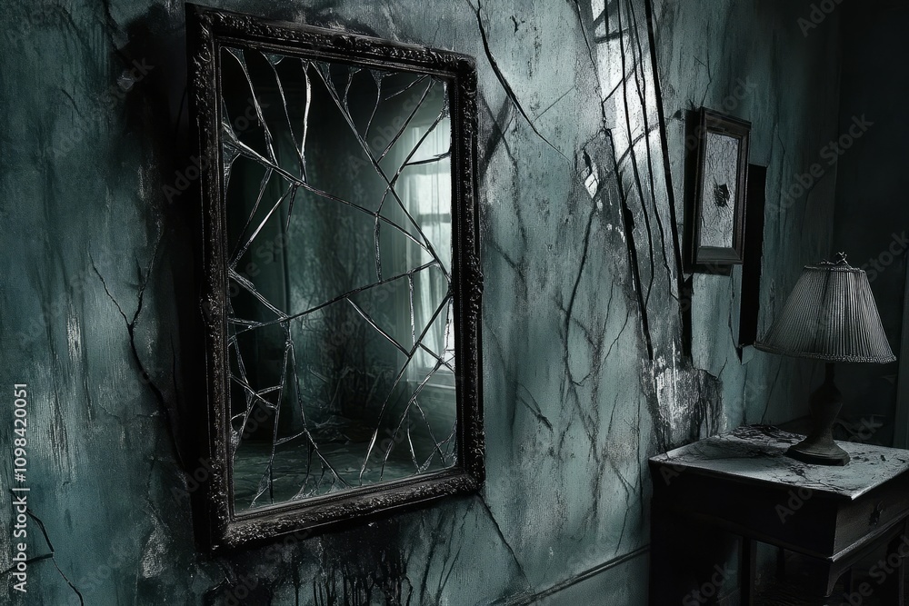 Poster a mirror with a broken frame is on the wall. a lamp is on a table. there are two pictures on the wal