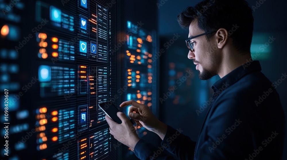 Aufkleber man engaged with electronic interface modern office data interaction urban environment close-up view