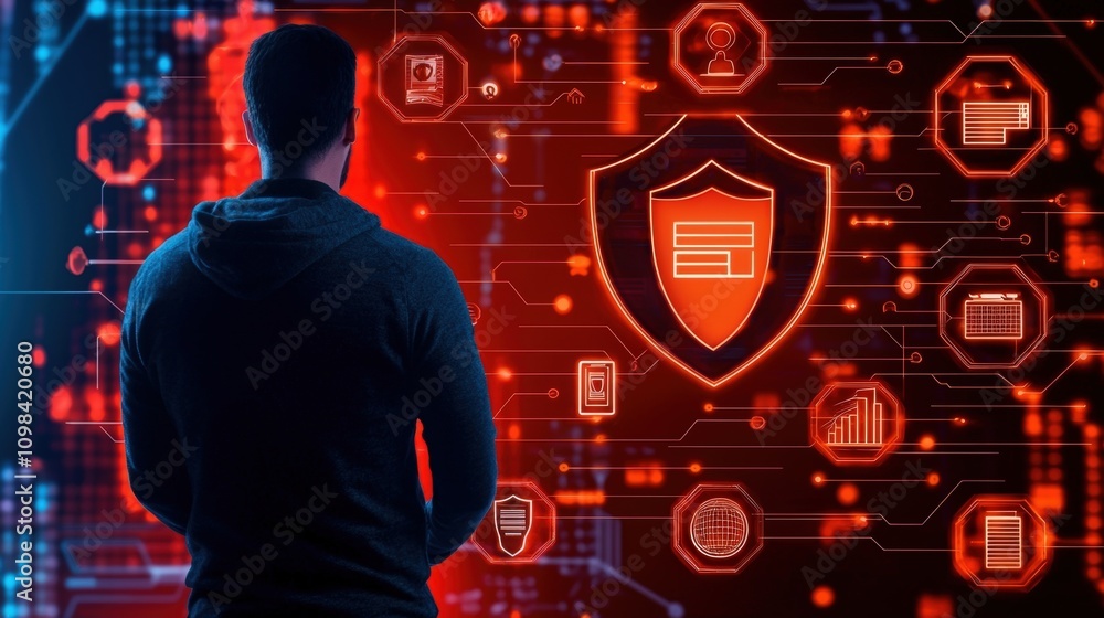 Poster exploring cybersecurity innovations a user engaging with holographic technology in a digital space
