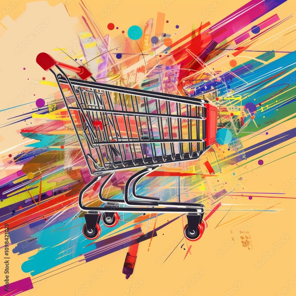 Poster a shopping cart with a red handle is shown in a colorful background. the cart is silver and has a re