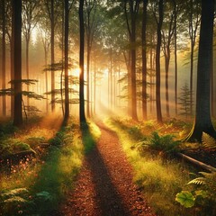 Obraz premium Golden Sunrise in a Tranquil Forest
