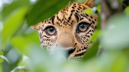 Fototapeta premium A captivating view of a jaguar's steady eyes gazing through lush green leaves, highlighting the animal's strength and presence in its natural habitat.
