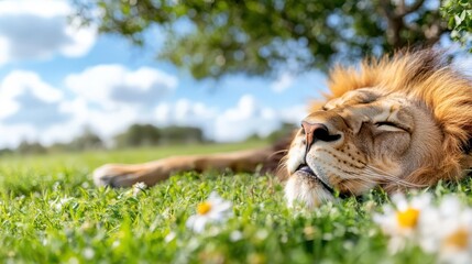 A sleepy lion lies amidst vibrant green grass dotted with daisies, beneath a clear blue sky. The peaceful scene captures the essence of tranquil natural beauty.