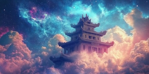 A cosmic temple floating among vibrant nebula clouds and shimmering starlight