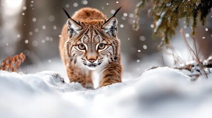Obraz premium A visually stunning lynx gracefully captures a dynamic moment, showcasing an elegant display of strength and beauty while adventuring through a snow-covered forest.