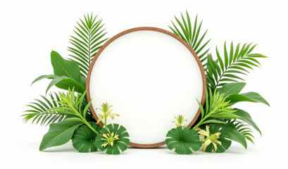 illustration white round oval signboard, surrounded by tropical leaves and flowers on a white background