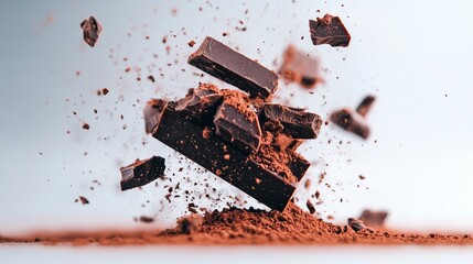 Fototapeta premium Dark chocolate pieces with cocoa powder explosion on white background. Food product advertising