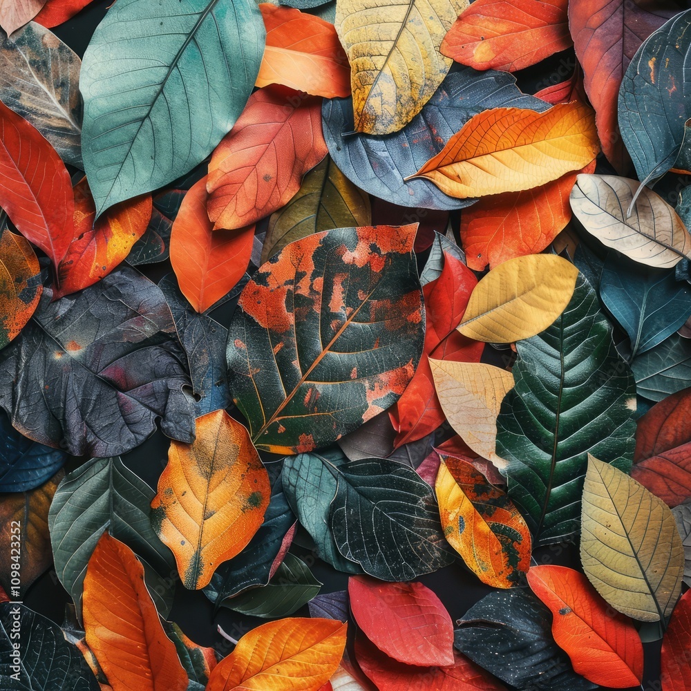 Poster a colorful pile of leaves with a few orange leaves in the middle. the leaves are of different colors
