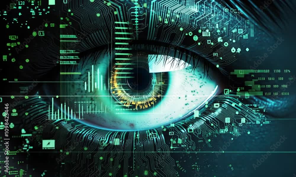 Poster exploring the fusion of technology and human perception through a captivating digital eye design