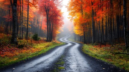 The magic road meanders through the colorful autumn forest, the trees ablaze with fiery reds, oranges, and yellows