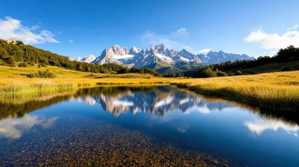 Towering alpine peaks are beautifully reflected in a peaceful lake, surrounded by lush green fields and backlit by a warm, golden glow of the setting sun.