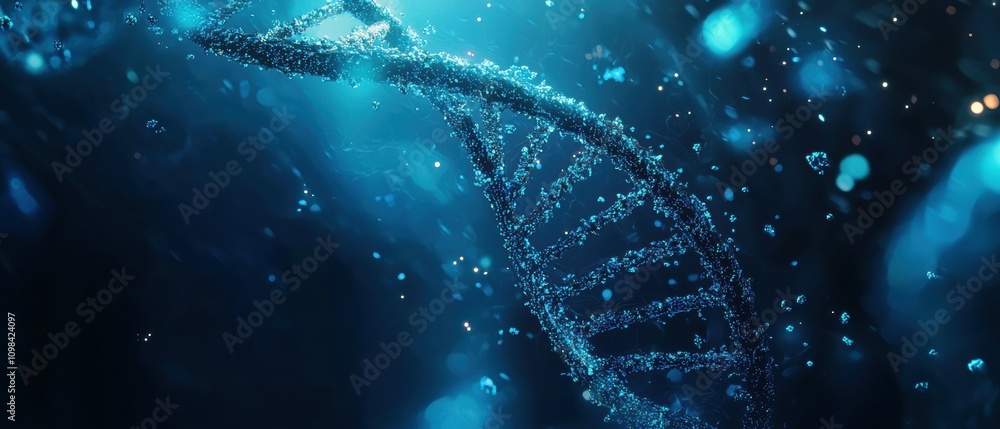 Poster exploring glowing digital dna strand in a lab environment with floating particles for scientific dis