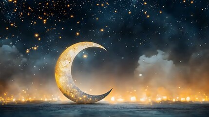 Naklejka premium The background depicts a serene night sky with a crescent moon and twinkling stars, symbolizing the beginning of the holy month of Ramadan Kareem, a time of fasting, prayer, reflection
