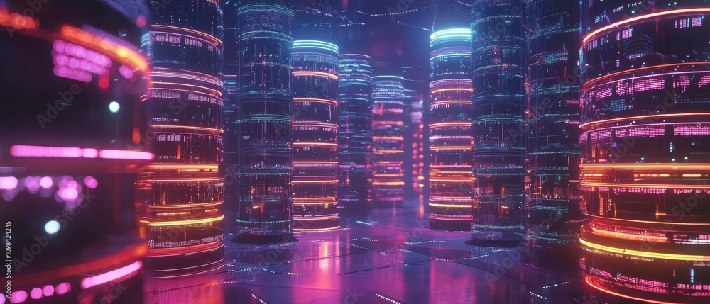 Poster exploring futuristic server interfaces in a high-tech data center glowing data stacks and innovative