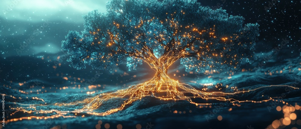 Poster glowing circuits expanding like a tree in a futuristic environment illustrating technological connec