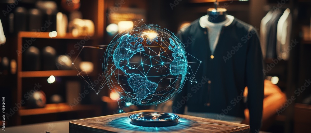 Poster interactive holographic display of rotating globe with data streams virtual environment technology c