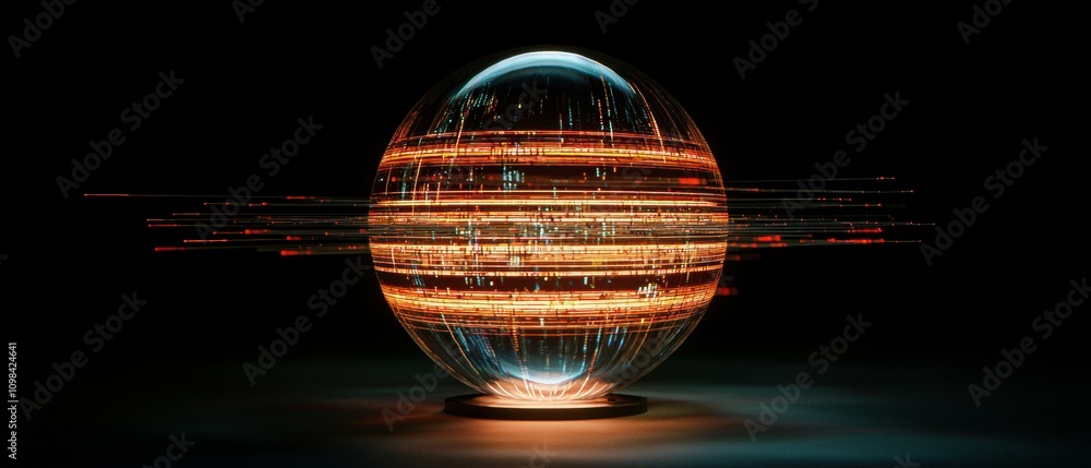 Poster pulsing holographic globe emitting data streams in futuristic tech spaces an innovative exploration 