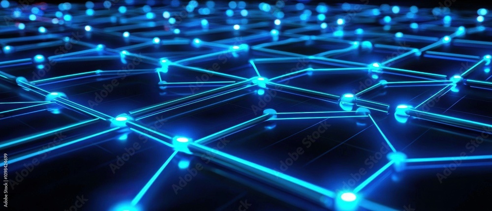 Poster visualizing neural networks with intersecting neon blue graphics in a digital environment a modern c