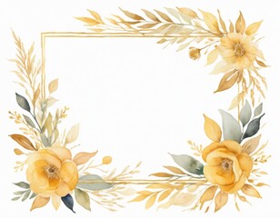 Obraz premium Watercolor floral square frame with golden accents showcasing vibrant flowers and greenery on white background, perfect for invitations or decorative purposes
