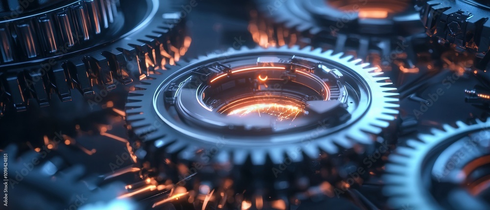 Poster exploring rotating gears in a futuristic digital system an in-depth look at technological innovation