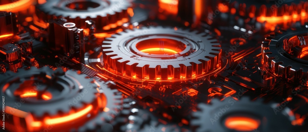 Aufkleber transforming rotating gears in a futuristic digital system virtual environment conceptual art techno