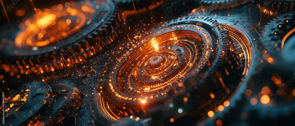 Poster dynamic interaction of rotating gears in a futuristic digital system cybernetic lab visual presentat